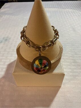 Rainbow Enamel Umbrella Charm Gold Tone Bracelet - Retro MCM Stack
